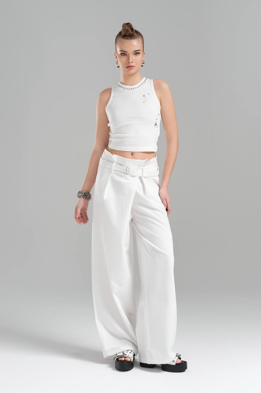 Calça Wide-Leg com Cintura Drapeada